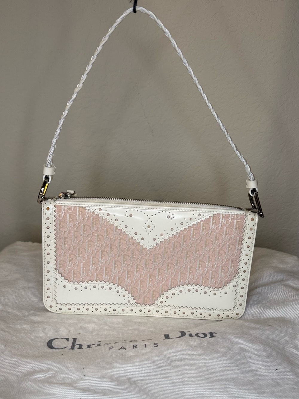 Christian Dior Pink Trotter Pochette Shoulder Bag White Leather Trim Y2K Vintage